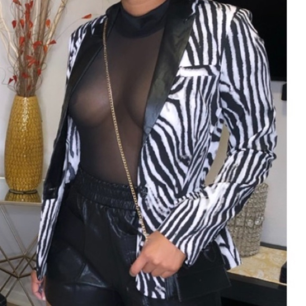 Zebra Print Blazer with Black Leather Shorts